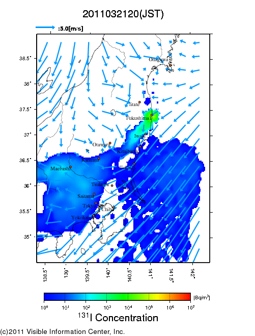 地表付近 大気中濃度分布[Bq/m3]　2011-03-21 20時