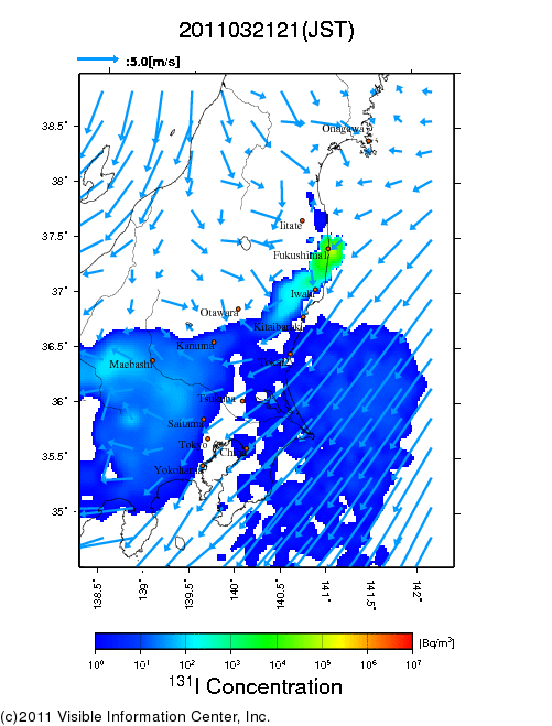 地表付近 大気中濃度分布[Bq/m3]　2011-03-21 21時