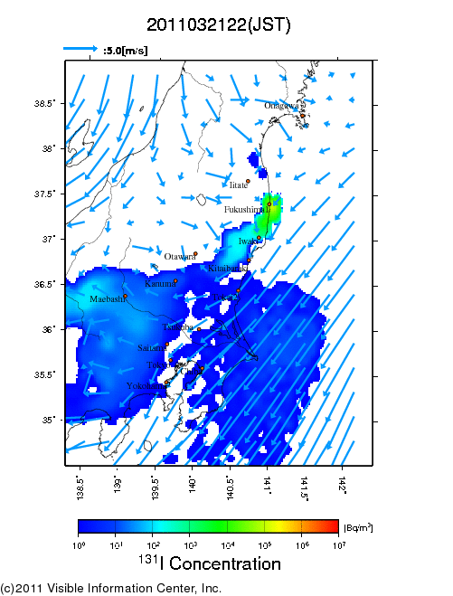 大気中濃度分布[Bq/m3]　2011032122