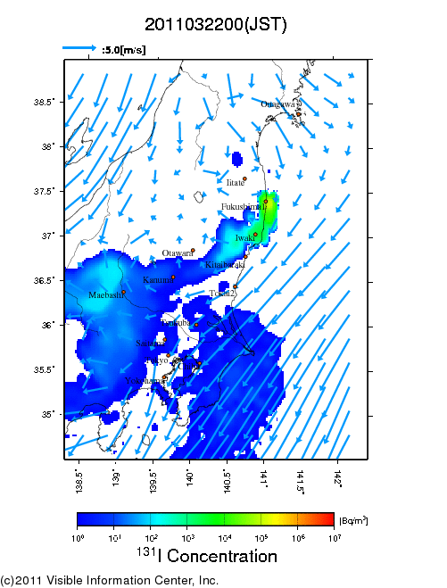 Ground level air concentration [Bq/m3] 2011-03-22 00