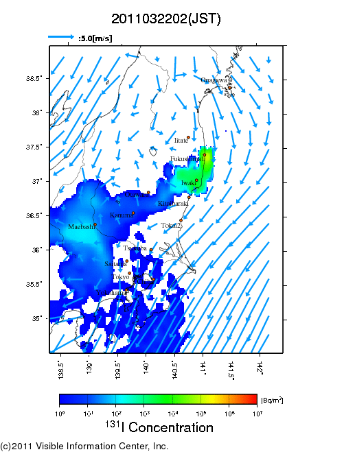 地表付近 大気中濃度分布[Bq/m3]　2011-03-22 02時