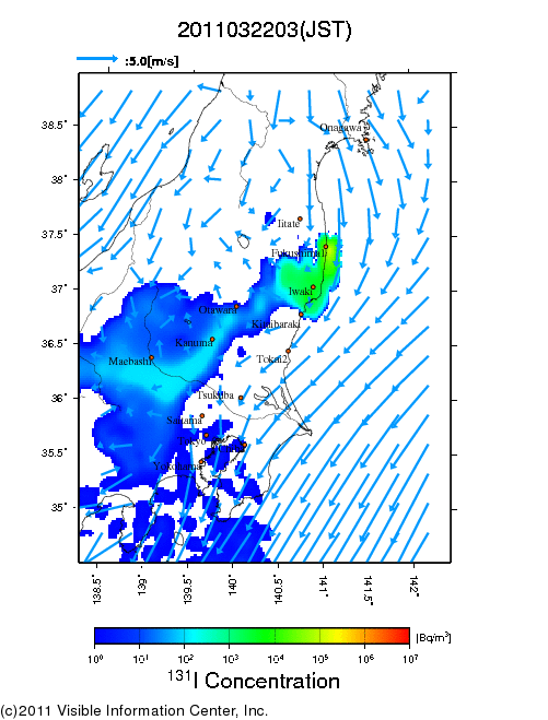 地表付近 大気中濃度分布[Bq/m3]　2011-03-22 03時