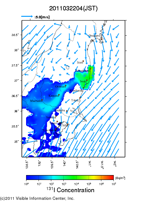 地表付近 大気中濃度分布[Bq/m3]　2011-03-22 04時