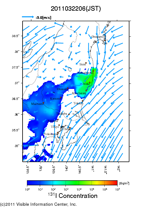 地表付近 大気中濃度分布[Bq/m3]　2011-03-22 06時