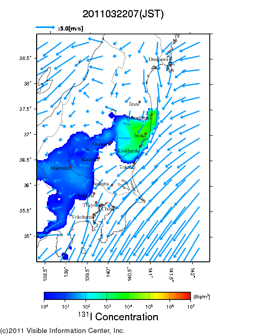 地表付近 大気中濃度分布[Bq/m3]　2011-03-22 07時