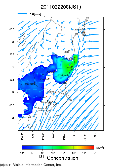 地表付近 大気中濃度分布[Bq/m3]　2011-03-22 08時