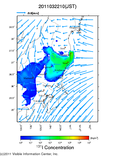 地表付近 大気中濃度分布[Bq/m3]　2011-03-22 10時