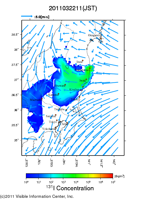 Ground level air concentration [Bq/m3] 2011-03-22 11