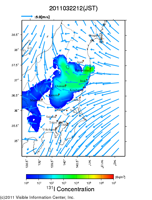 地表付近 大気中濃度分布[Bq/m3]　2011-03-22 12時