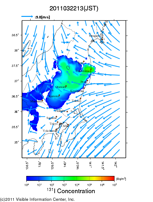 Ground level air concentration [Bq/m3] 2011-03-22 13