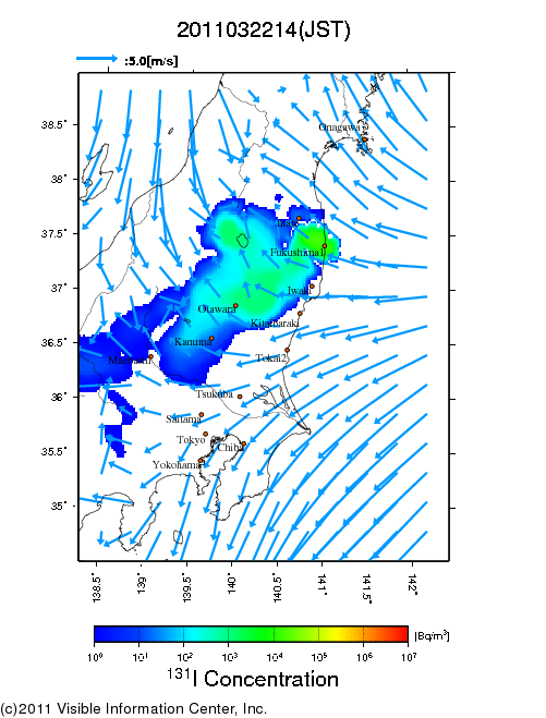 地表付近 大気中濃度分布[Bq/m3]　2011-03-22 14時