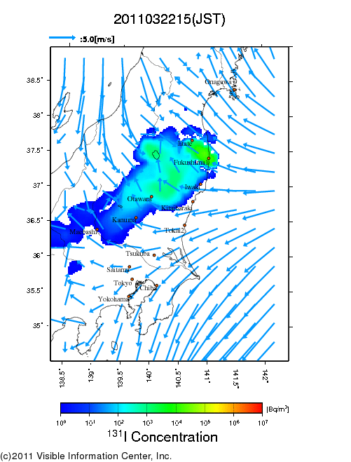 地表付近 大気中濃度分布[Bq/m3]　2011-03-22 15時