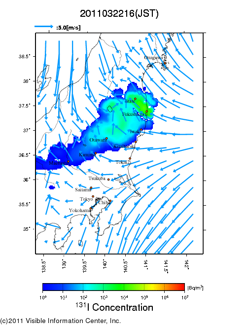 地表付近 大気中濃度分布[Bq/m3]　2011-03-22 16時