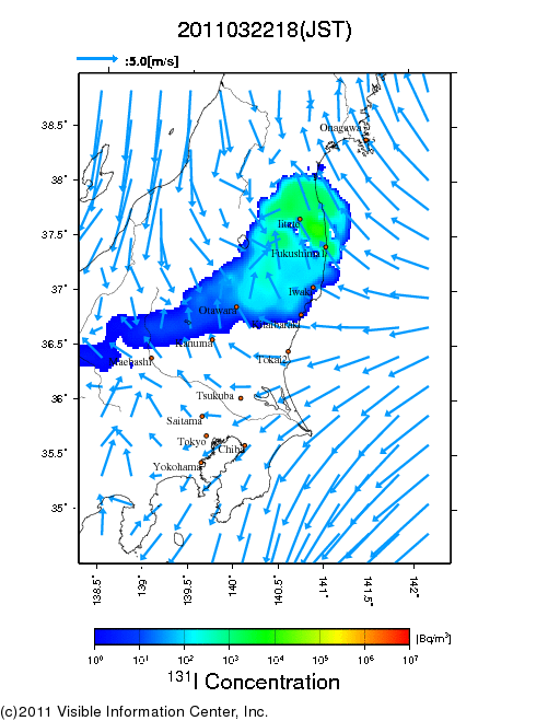 地表付近 大気中濃度分布[Bq/m3]　2011-03-22 18時