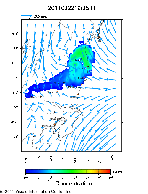 大気中濃度分布[Bq/m3]　2011032219
