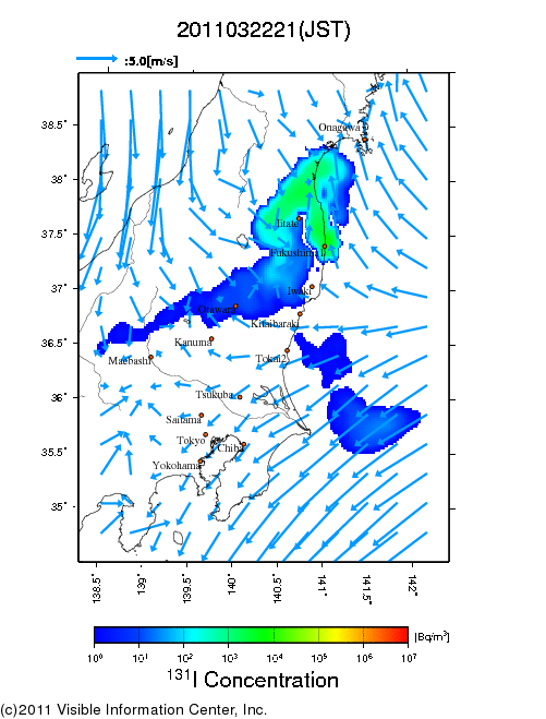 地表付近 大気中濃度分布[Bq/m3]　2011-03-22 21時