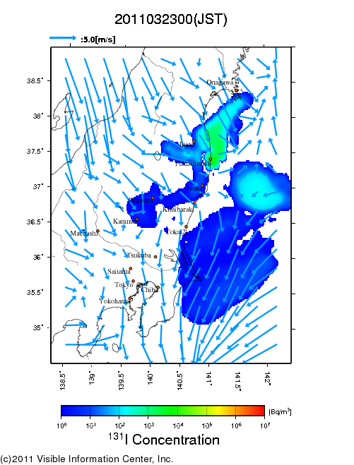 Ground level air concentration [Bq/m3] 2011-03-23 00