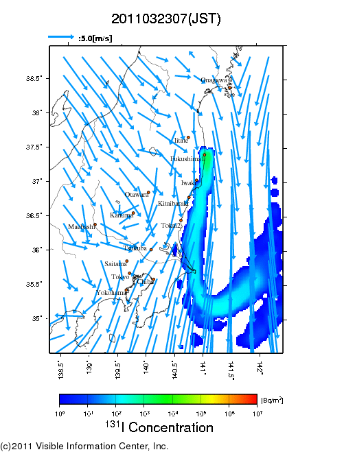 地表付近 大気中濃度分布[Bq/m3]　2011-03-23 07時