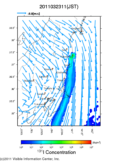 地表付近 大気中濃度分布[Bq/m3]　2011-03-23 11時