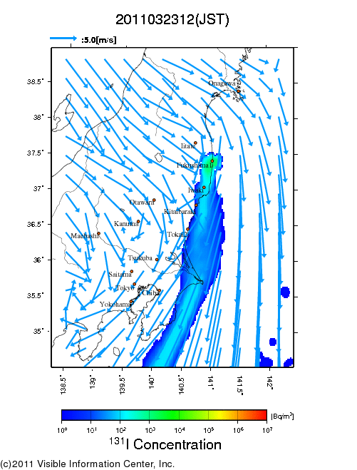 大気中濃度分布[Bq/m3]　2011032312