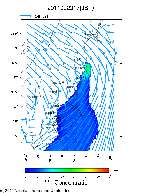 地表付近 大気中濃度分布[Bq/m3]　2011-03-23 17時