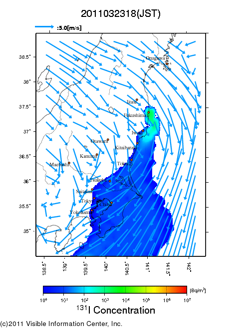 地表付近 大気中濃度分布[Bq/m3]　2011-03-23 18時