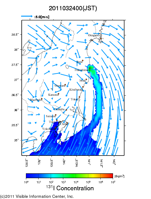 地表付近 大気中濃度分布[Bq/m3]　2011-03-24 00時