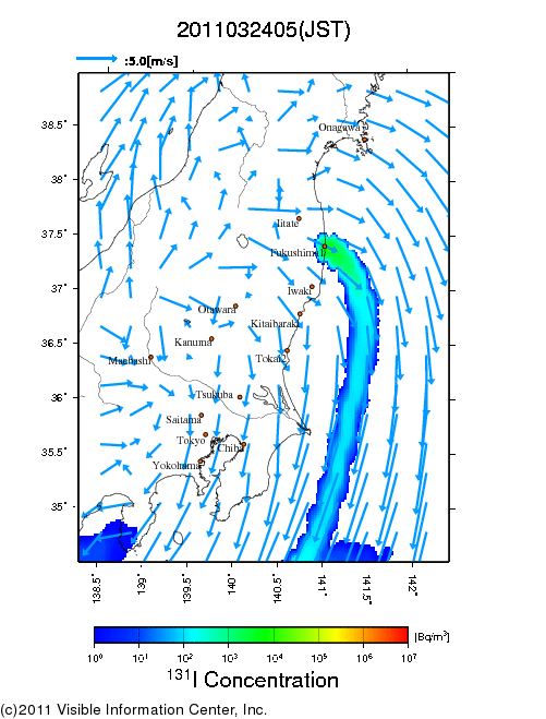 地表付近 大気中濃度分布[Bq/m3]　2011-03-24 05時