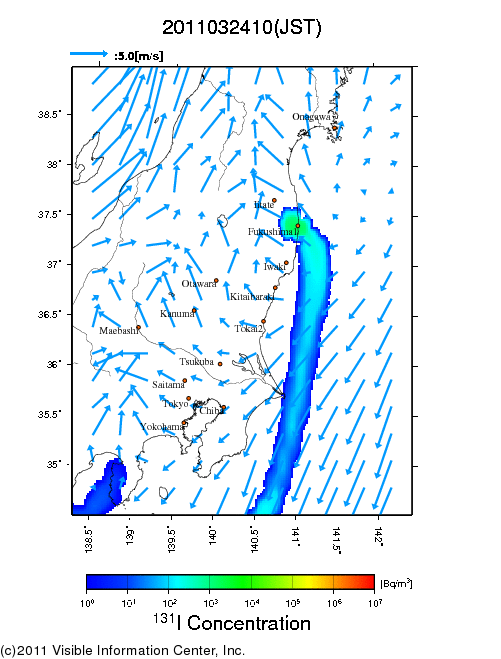 地表付近 大気中濃度分布[Bq/m3]　2011-03-24 10時