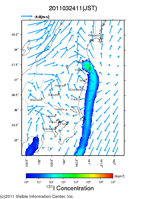 地表付近 大気中濃度分布[Bq/m3]　2011-03-24 11時