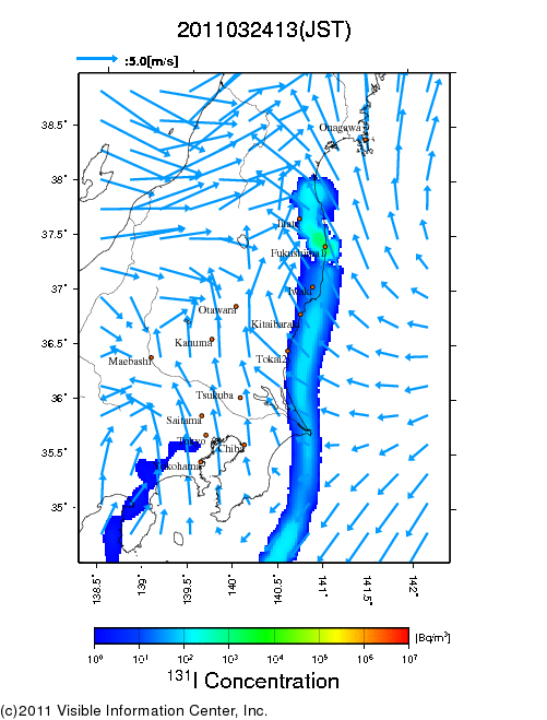 地表付近 大気中濃度分布[Bq/m3]　2011-03-24 13時