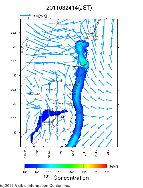 Ground level air concentration [Bq/m3] 2011-03-24 14