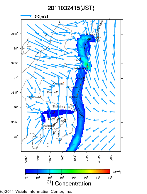 Ground level air concentration [Bq/m3] 2011-03-24 15