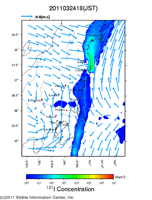 地表付近 大気中濃度分布[Bq/m3]　2011-03-24 18時