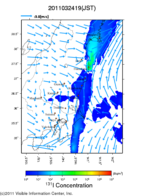 地表付近 大気中濃度分布[Bq/m3]　2011-03-24 19時