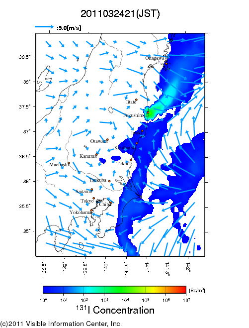 地表付近 大気中濃度分布[Bq/m3]　2011-03-24 21時