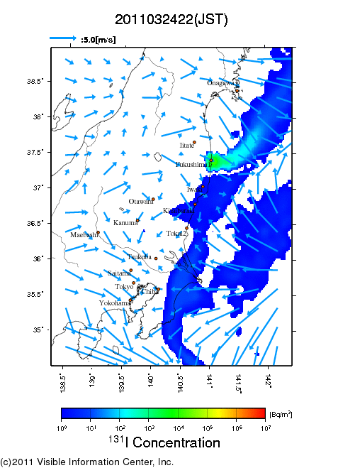 地表付近 大気中濃度分布[Bq/m3]　2011-03-24 22時