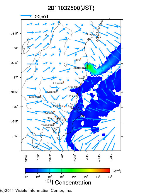 地表付近 大気中濃度分布[Bq/m3]　2011-03-25 00時