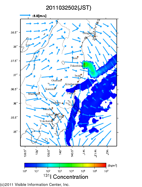 地表付近 大気中濃度分布[Bq/m3]　2011-03-25 02時