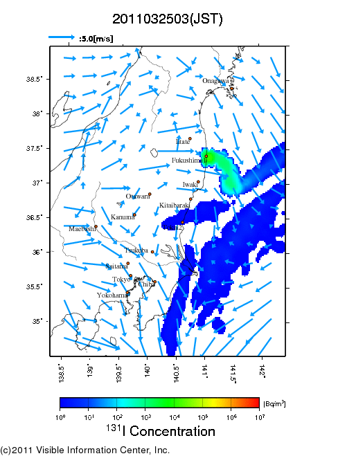 地表付近 大気中濃度分布[Bq/m3]　2011-03-25 03時