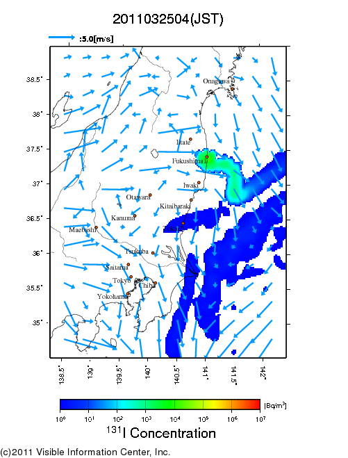 地表付近 大気中濃度分布[Bq/m3]　2011-03-25 04時