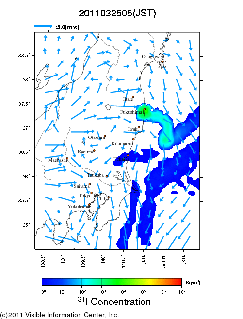 地表付近 大気中濃度分布[Bq/m3]　2011-03-25 05時