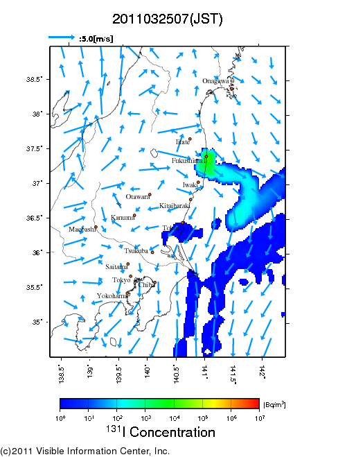 地表付近 大気中濃度分布[Bq/m3]　2011-03-25 07時