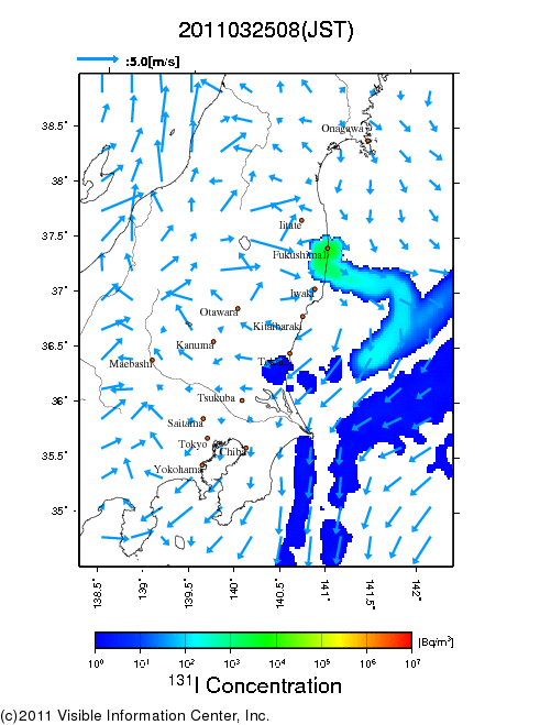 地表付近 大気中濃度分布[Bq/m3]　2011-03-25 08時
