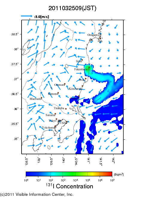 地表付近 大気中濃度分布[Bq/m3]　2011-03-25 09時