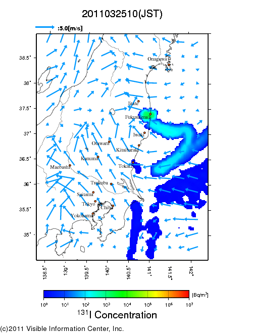 地表付近 大気中濃度分布[Bq/m3]　2011-03-25 10時