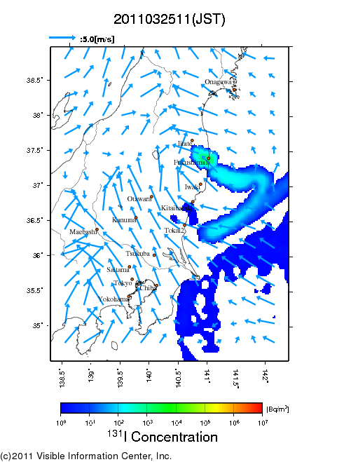 地表付近 大気中濃度分布[Bq/m3]　2011-03-25 11時