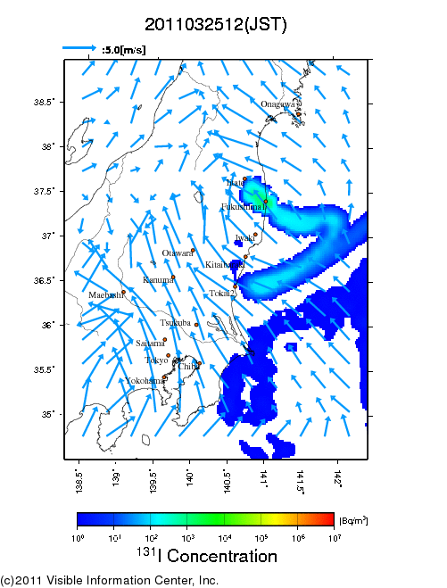 地表付近 大気中濃度分布[Bq/m3]　2011-03-25 12時