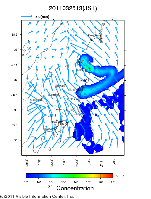 地表付近 大気中濃度分布[Bq/m3]　2011-03-25 13時