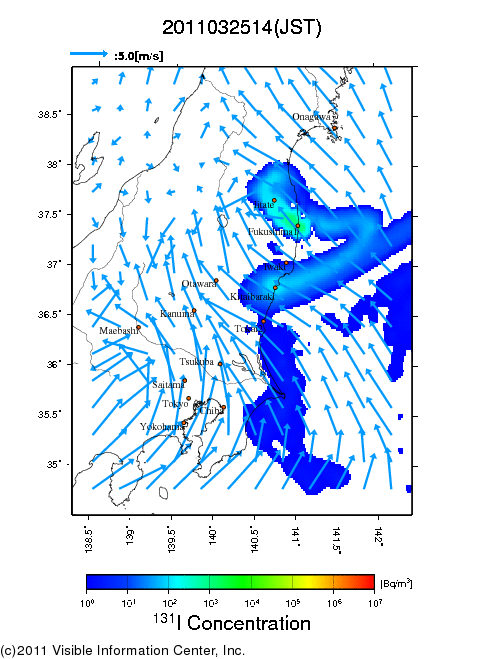 地表付近 大気中濃度分布[Bq/m3]　2011-03-25 14時